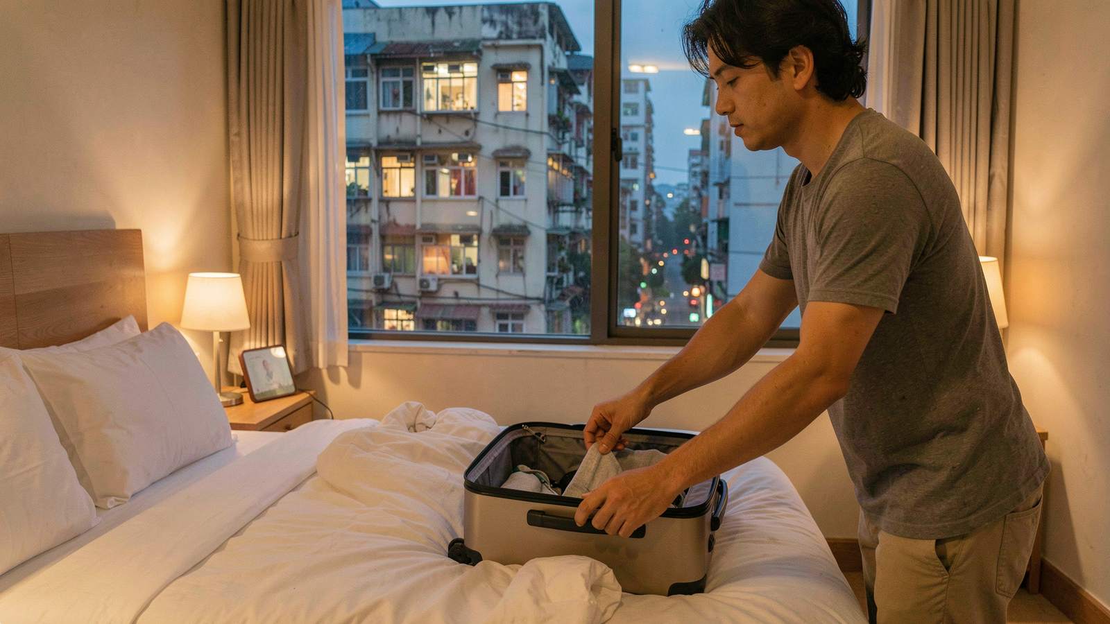 Traveller unpacking a small suitcase on the bed of a compact hotel room at dusk, the window framing lit flats across a narrow Kowloon street